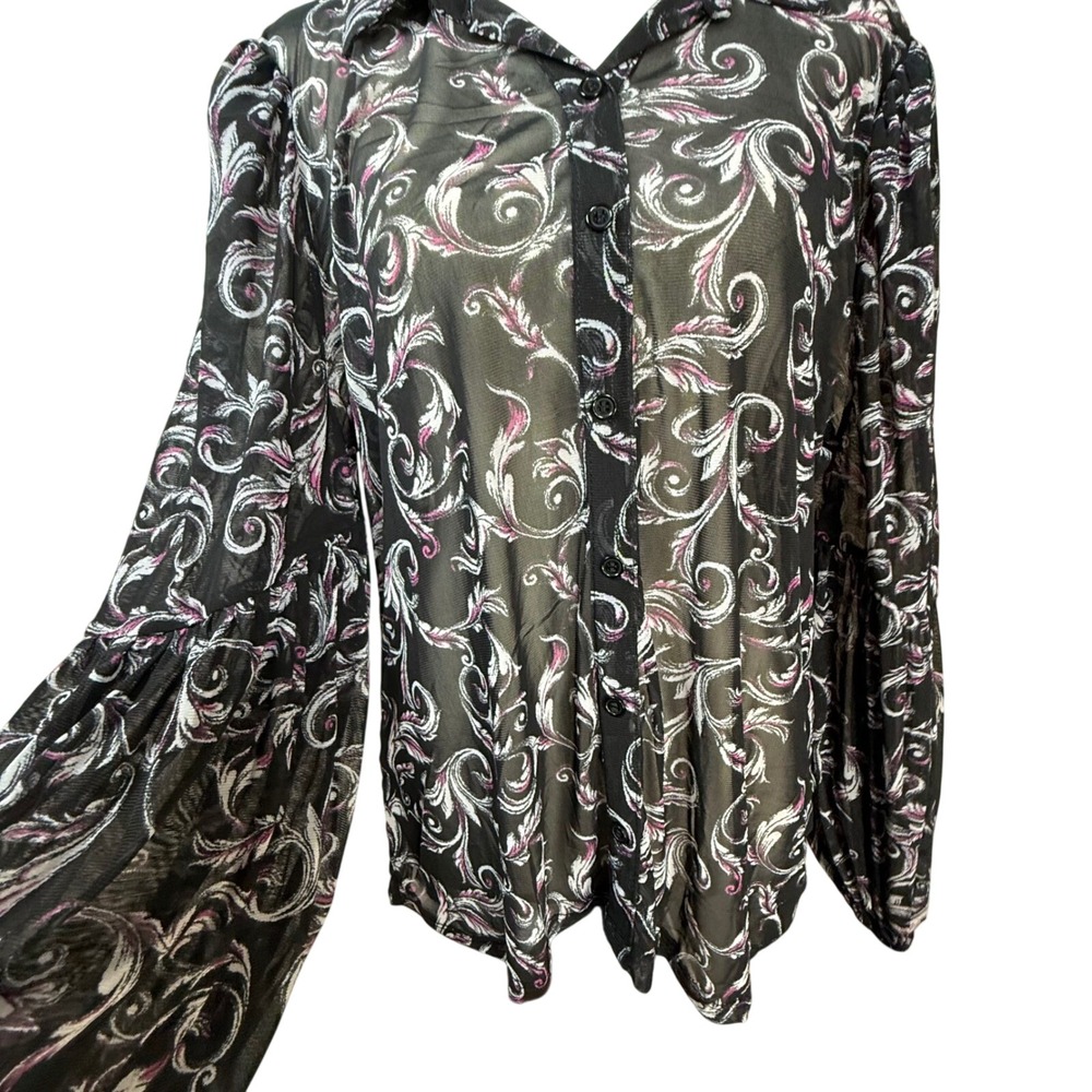 A Love Story Mesh Button Down Top Womens XL Black Pink Scroll Bell Sleeve EXCL